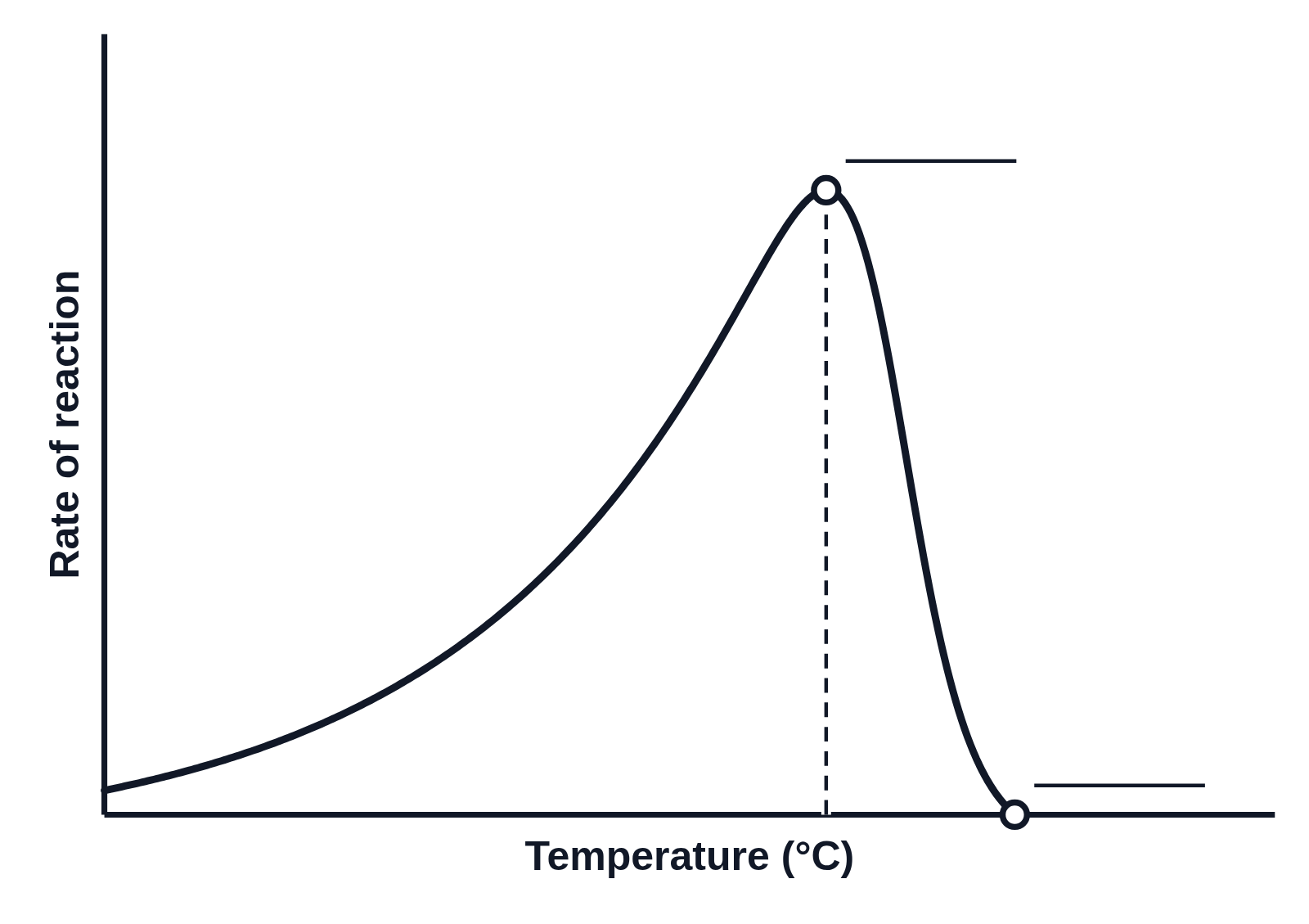 Black and white graph of rate of reaction against temperature (°C) with no numbers on the axes: one curve rising to a peak and falling steeply to the axis, a dot on the peak with a dashed line down and a dot where the curve meets the axis, each with a blank line for students to label