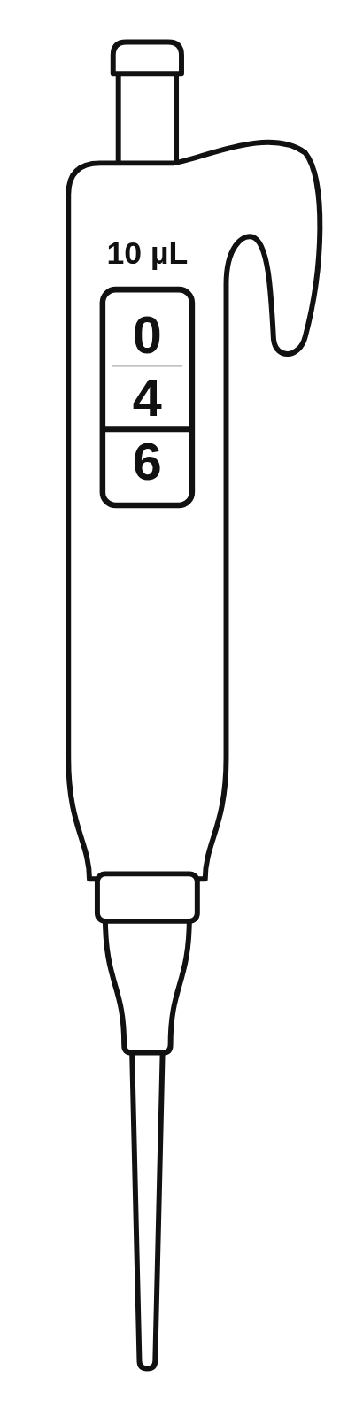 A black and white outline drawing of a 10 µL micropipette with no tip, its volume display reading 0, 4, 6 from top to bottom with a line above the 6