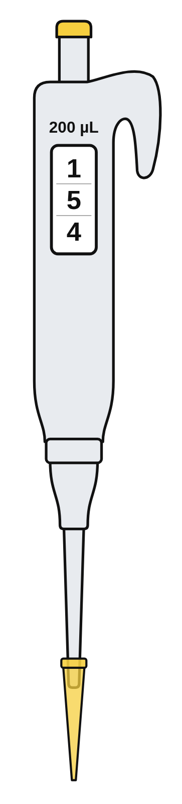 A 200 µL micropipette with a yellow tip, its volume display reading 1, 5, 4 from top to bottom, all in black