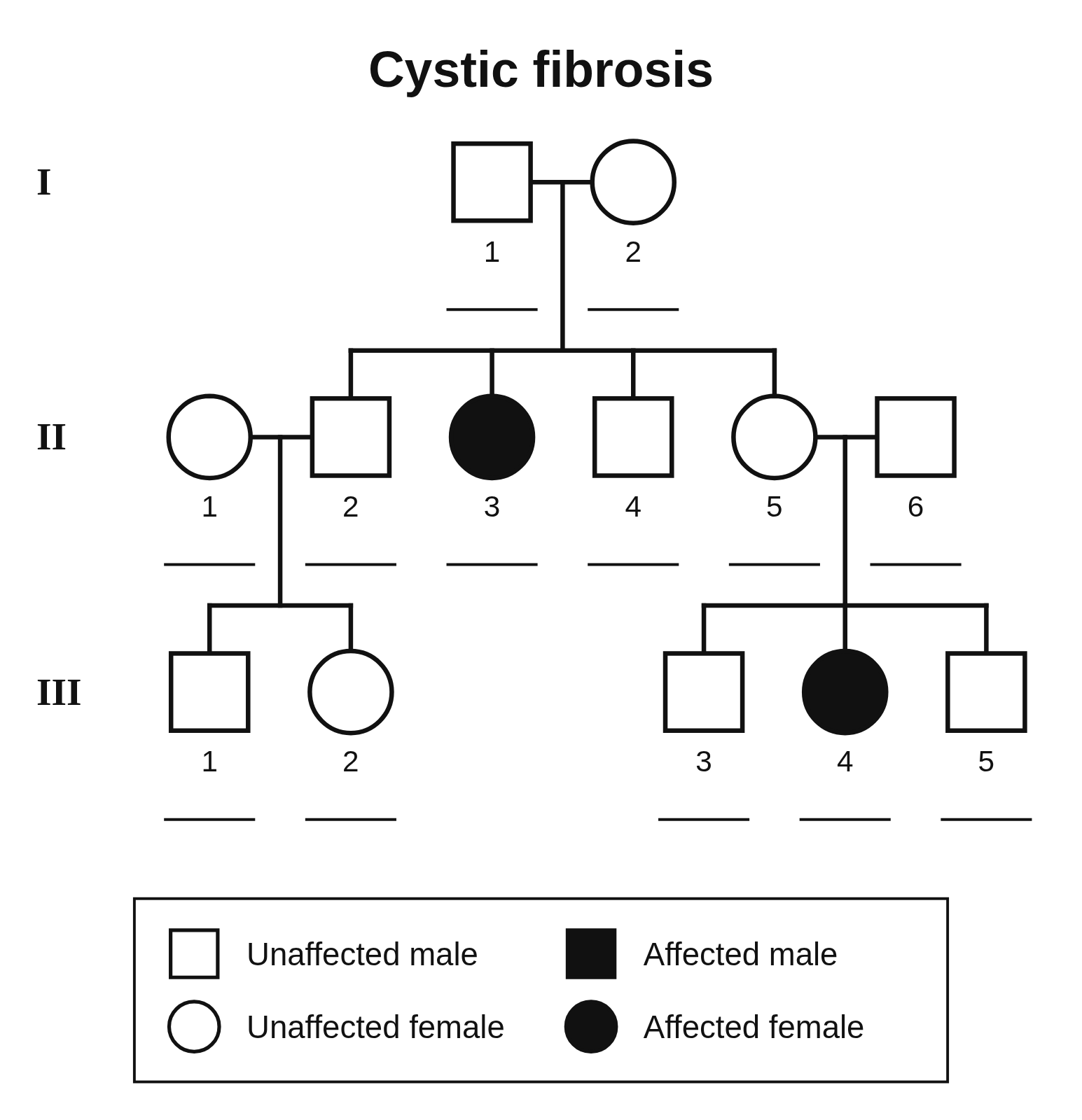 A three-generation pedigree titled Cystic fibrosis, with two affected daughters, II-3 and III-4, both born to unaffected parents, and a blank line under each of the 13 people for a genotype