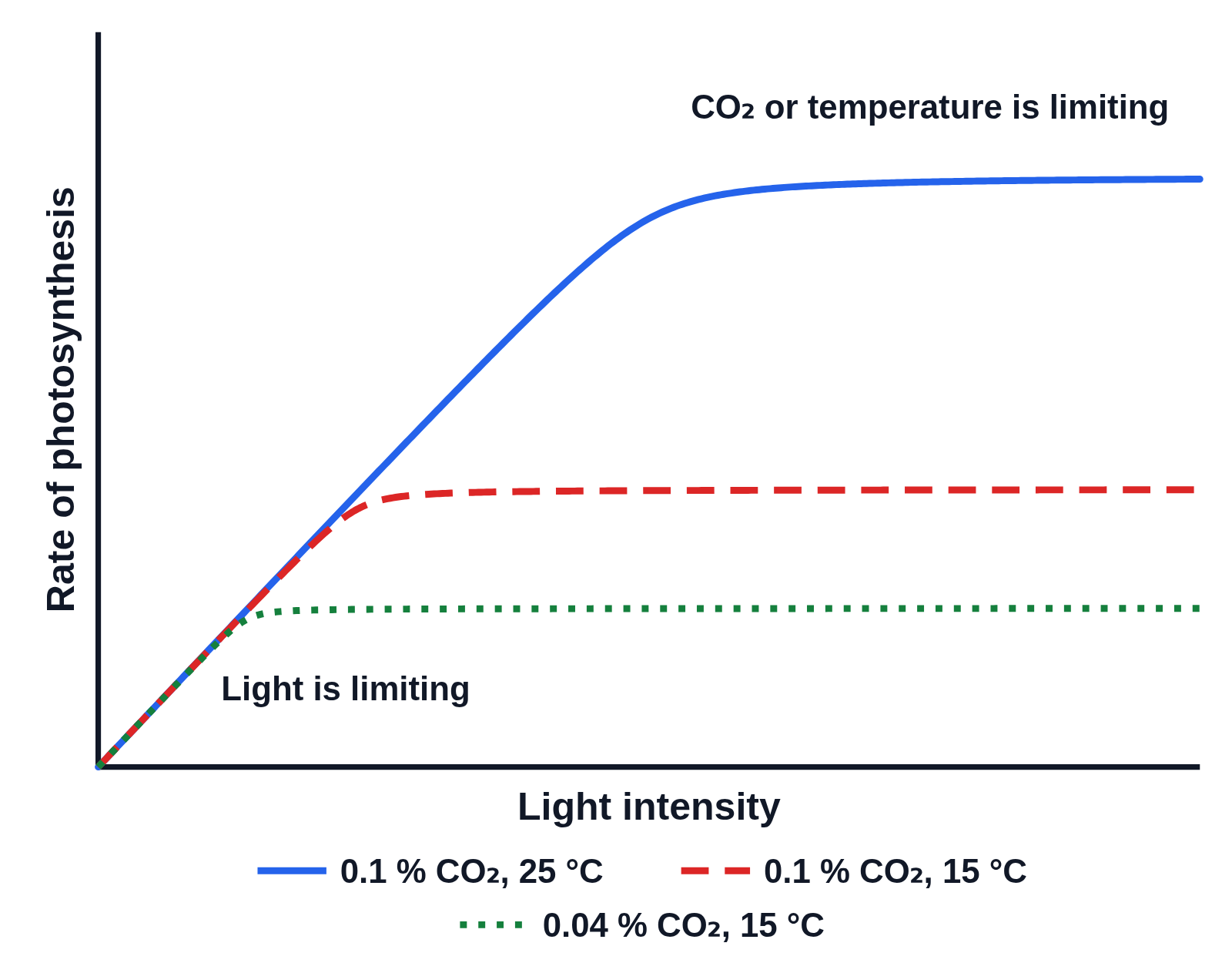 Graph of rate of photosynthesis against light intensity with no numbers on the axes: three curves rising together in a straight line, labeled Light is limiting, then levelling off at different heights, 0.1 % CO₂ at 25 °C (solid blue) highest, 0.1 % CO₂ at 15 °C (dashed red) lower and 0.04 % CO₂ at 15 °C (dotted green) lowest, with CO₂ or temperature is limiting written over the top plateau and a key under the graph