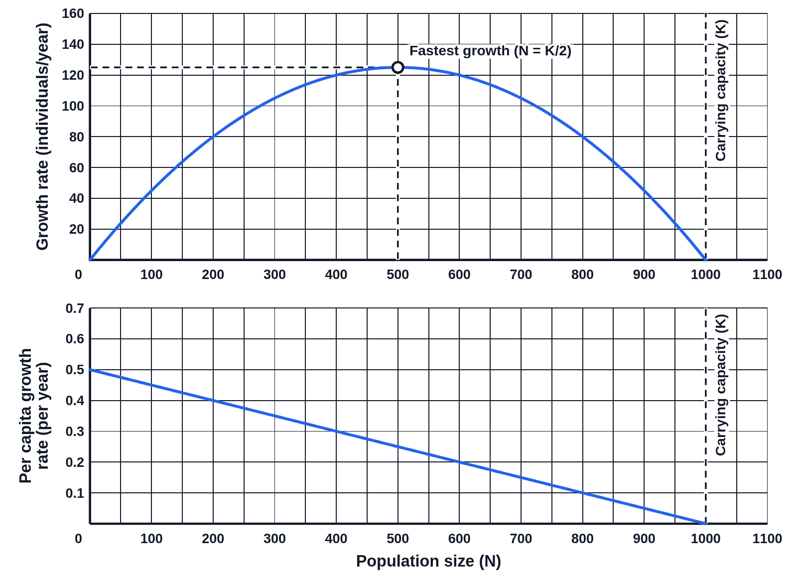 Two stacked graphs against population size N from 0 to 1100: the growth rate dN/dt as a hump peaking at 125 individuals per year at N = 500, labeled Fastest growth (N = K/2), and the per capita growth rate falling in a straight line from 0.5 to 0, with a dashed carrying capacity line at 1000 on both